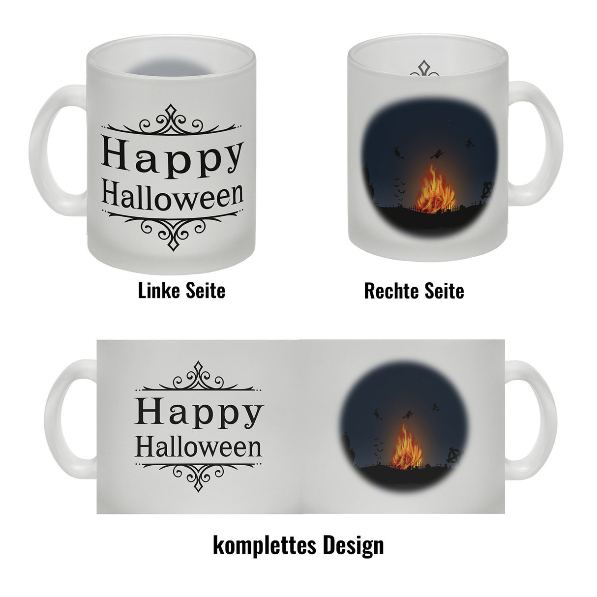 Kaffeetasse mit gruseligem Hexenfeuer Motiv und Spruch - Happy Halloween
