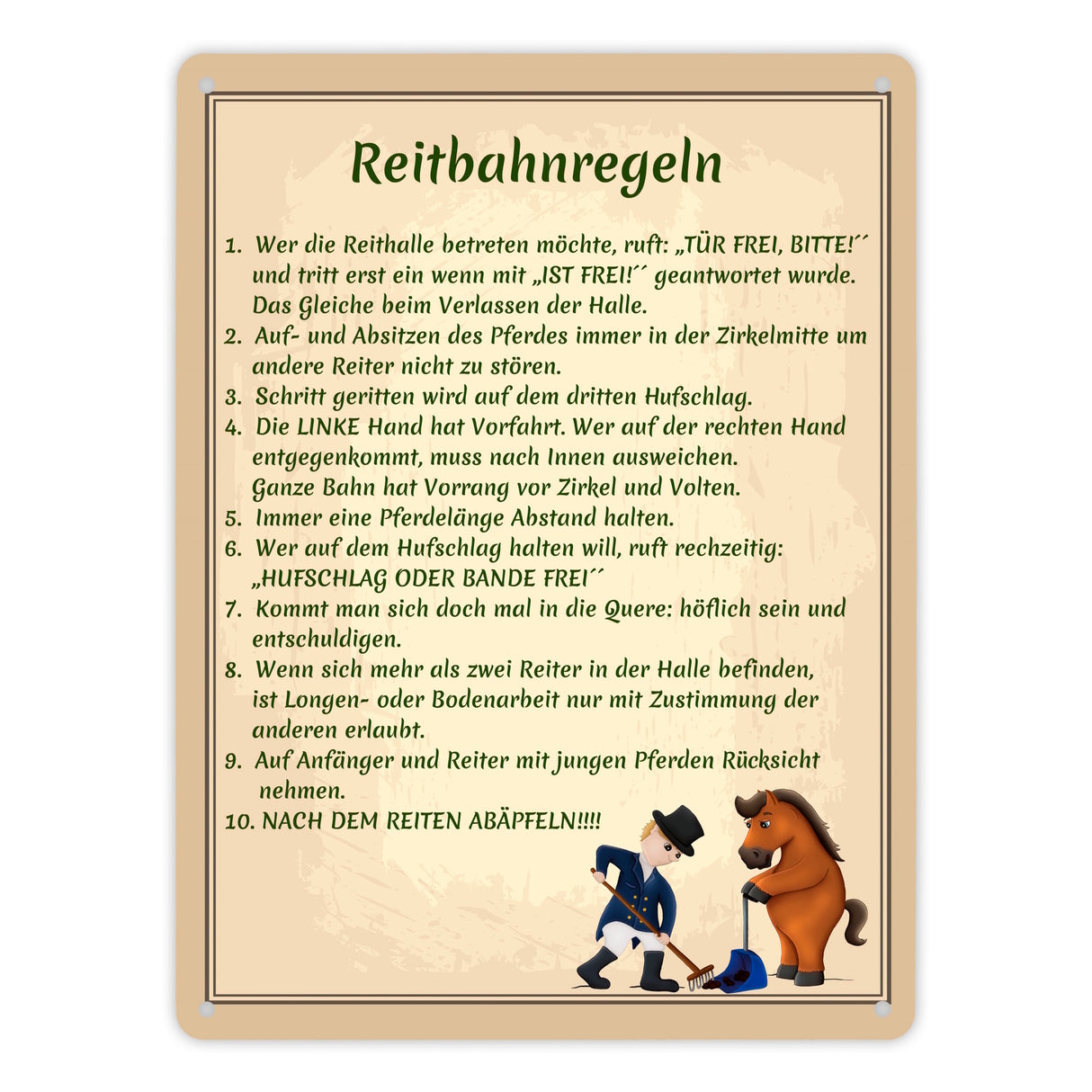Reitbahnregeln Metallschild in 15x20 cm