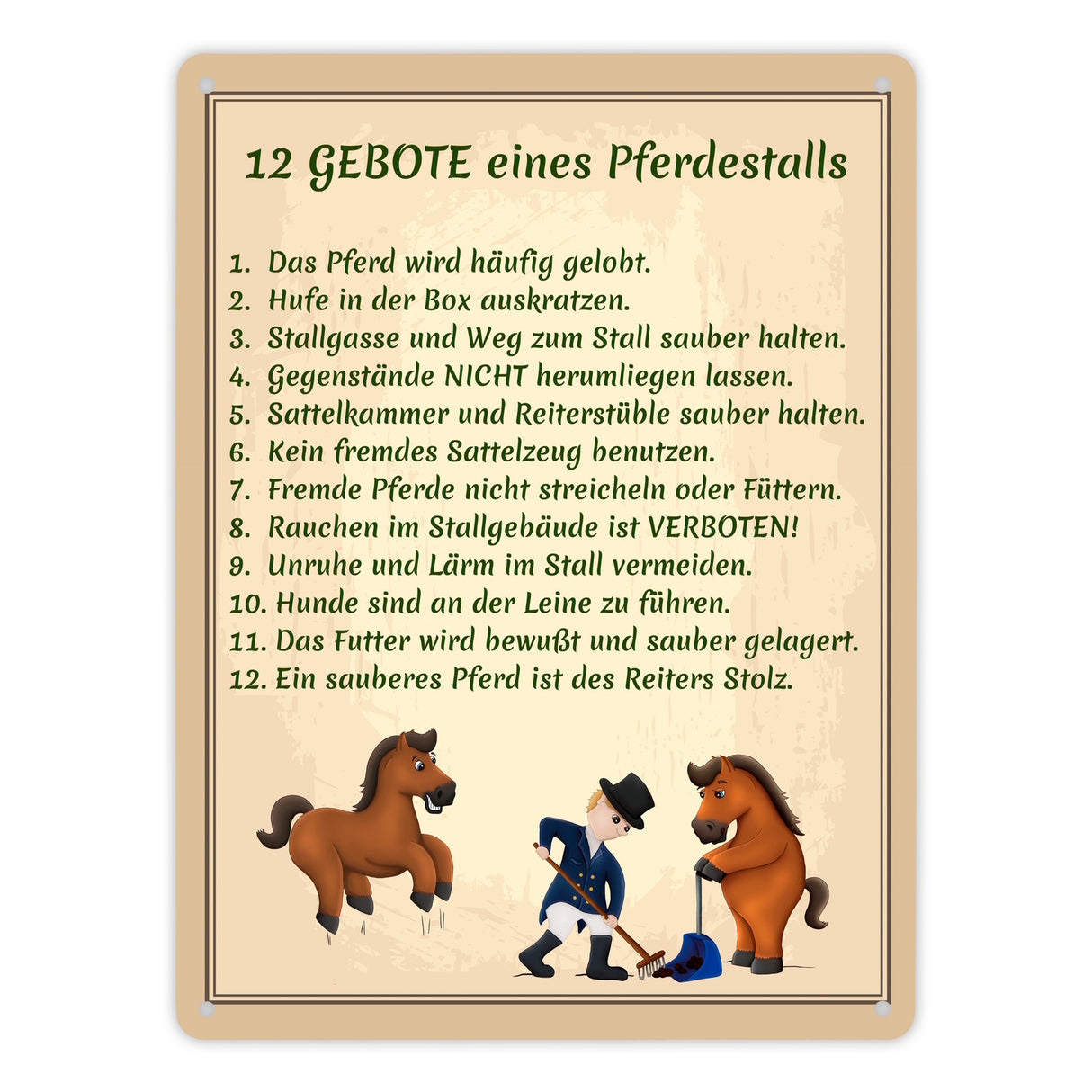 12 Gebote eines Pferdestalls Metallschild in 15x20 cm