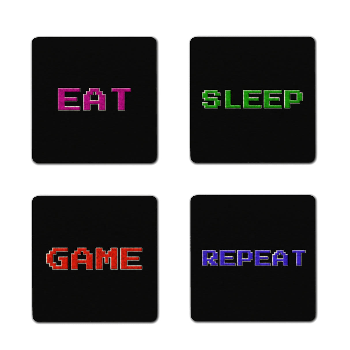 Eat.Sleep.Game.Repeat 4er Set Untersetzer aus Keramik mit bunter Schrift