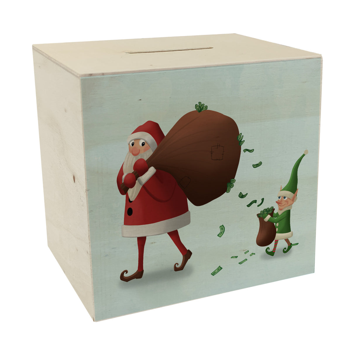 Weihnachtsmann mit einem Sack voll Geld und Weihnachtself Spardose
