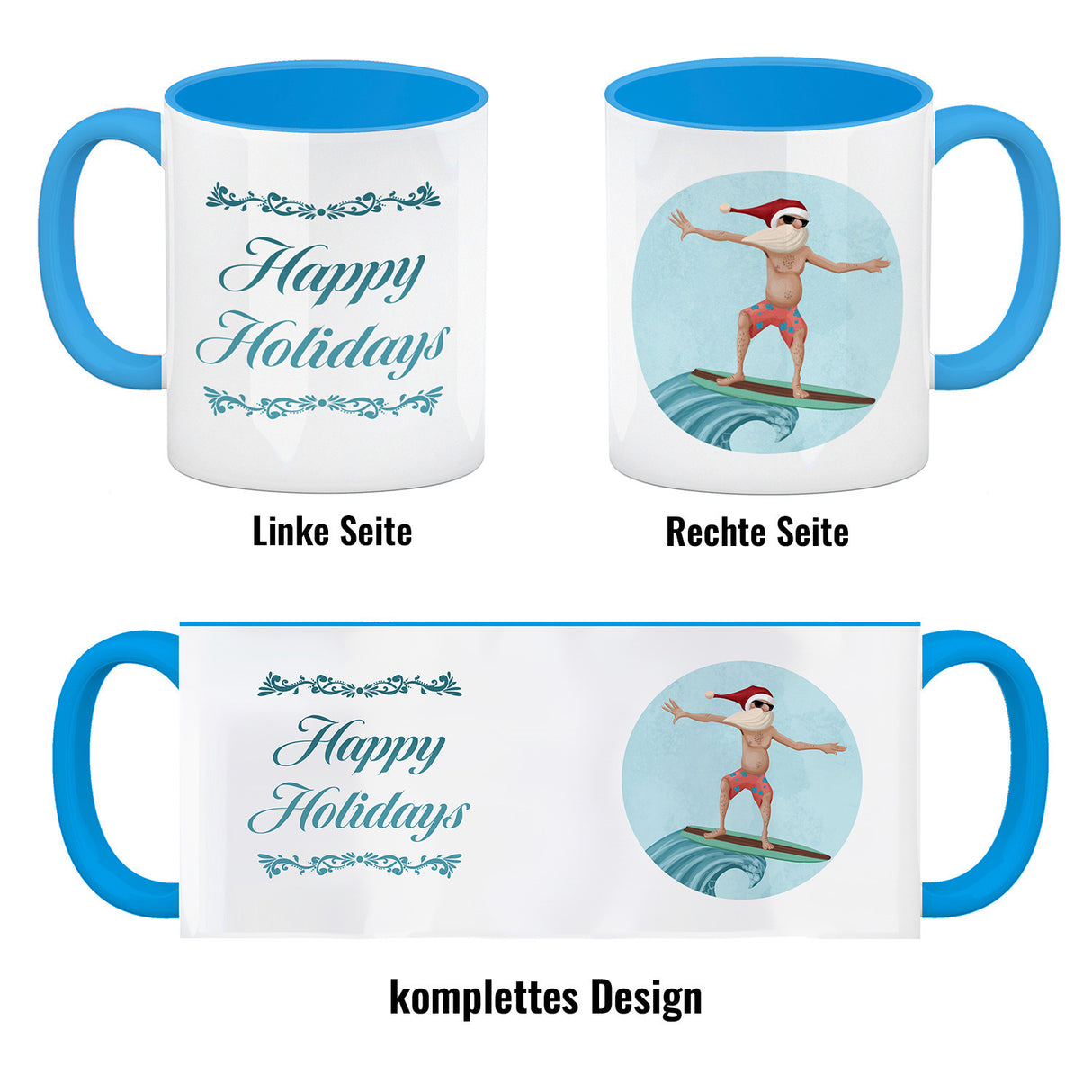 Happy Holidays witziger Kaffeebecher mit Weihnachtsmann auf Surfbrett