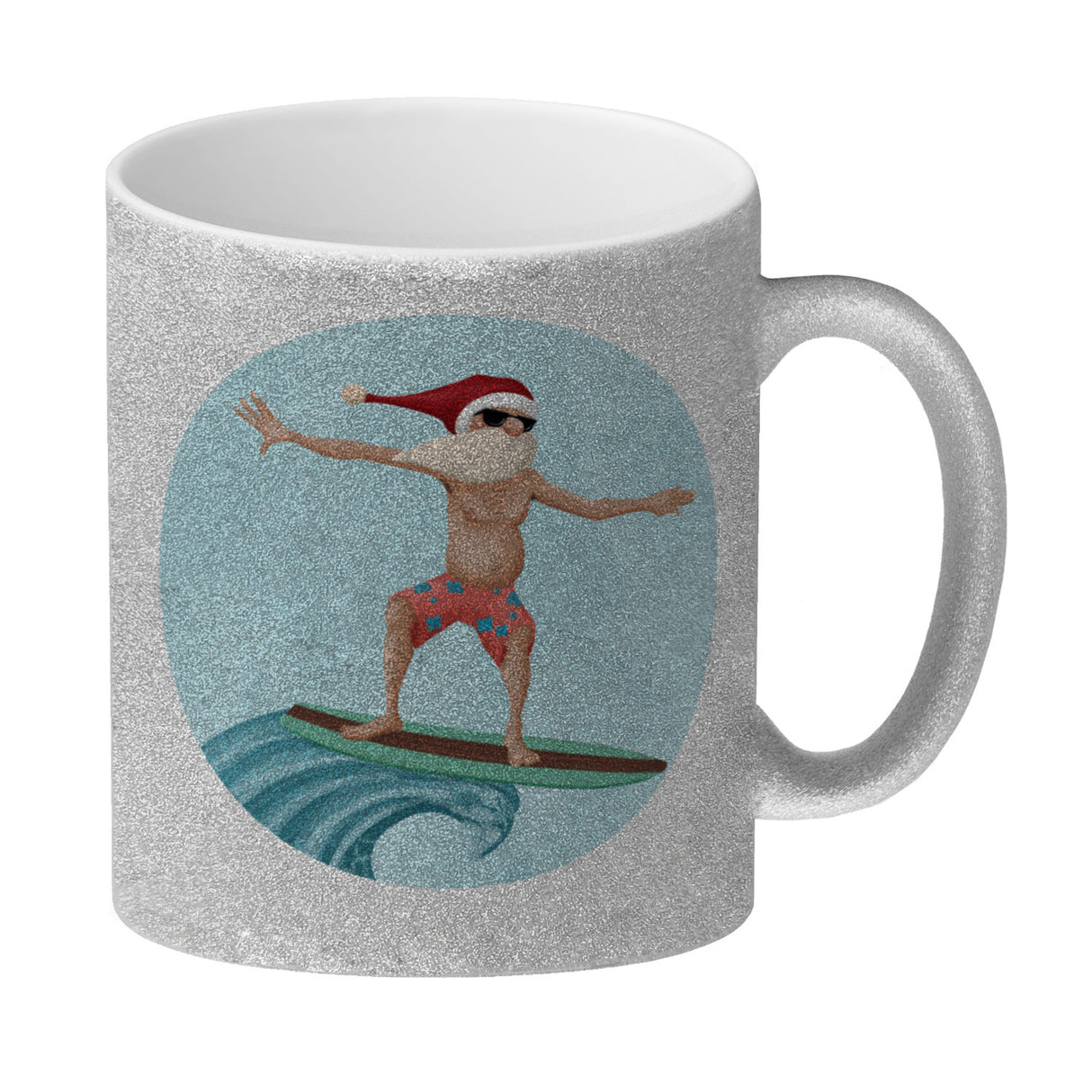 Happy Holidays witziger Kaffeebecher mit Weihnachtsmann auf Surfbrett