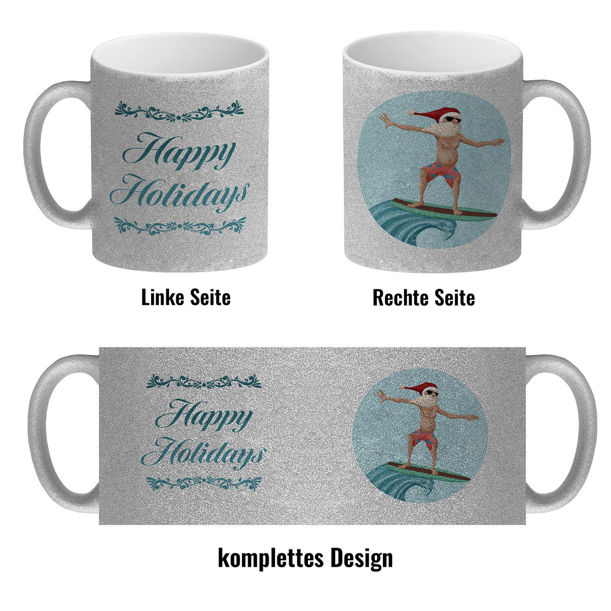Happy Holidays witziger Kaffeebecher mit Weihnachtsmann auf Surfbrett