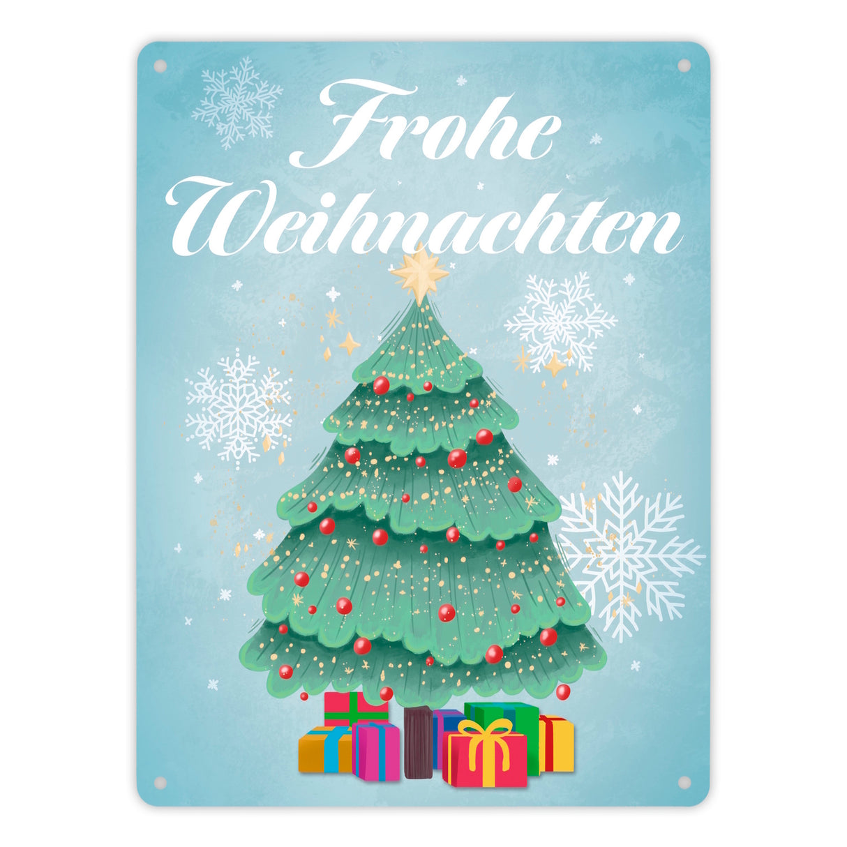 Frohe Weihnachten mit Weihnachtsbaum und Schneeflocken Metallschild