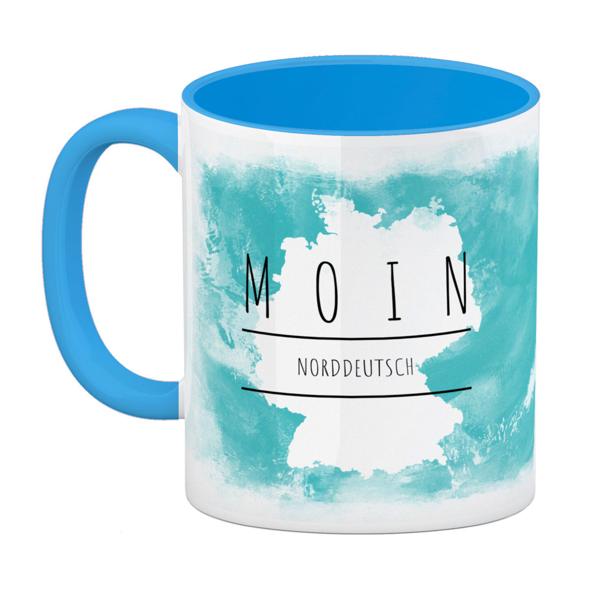 Hallo auf Norddeutsch Moin lustiger Kaffeebecher mit blauem Hintergrund