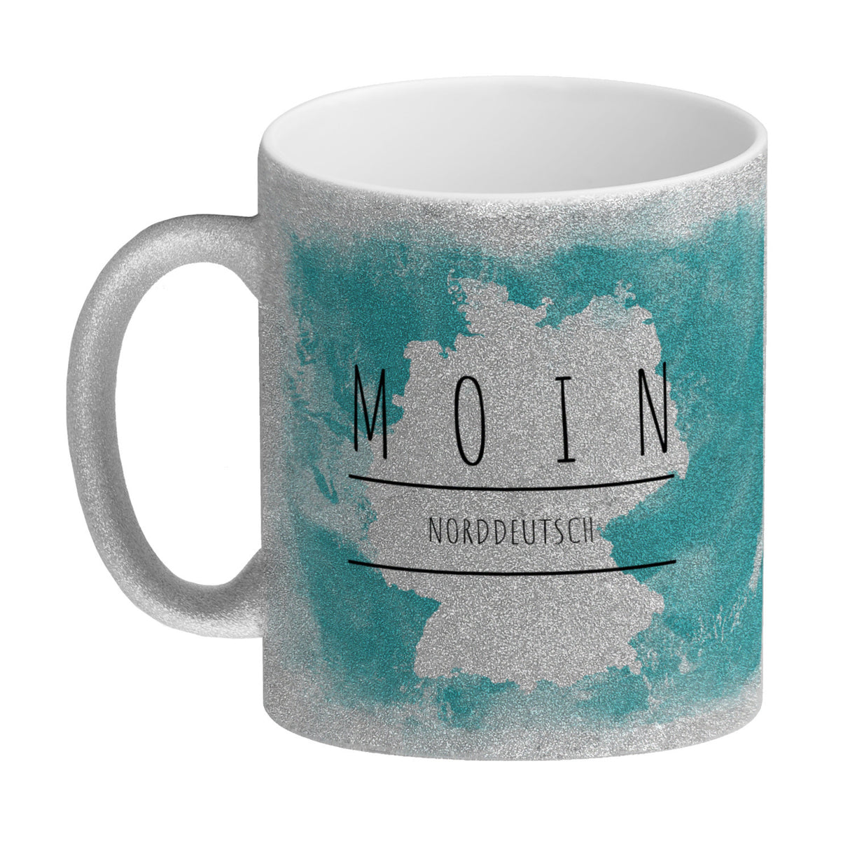 Hallo auf Norddeutsch Moin lustiger Kaffeebecher mit blauem Hintergrund