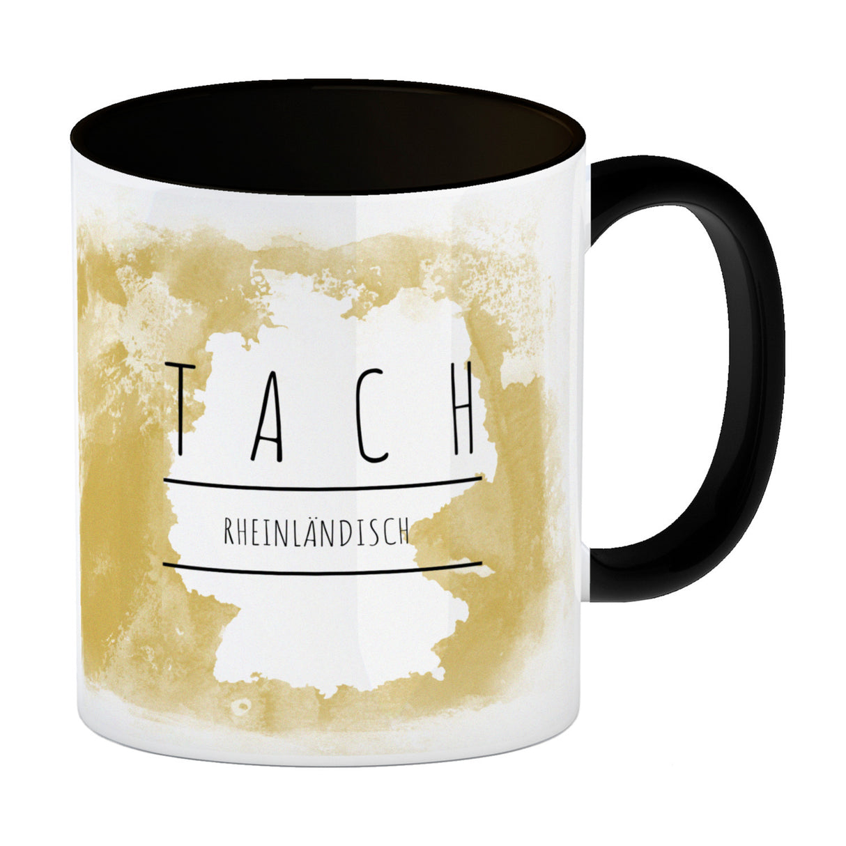 Hallo auf Rheinländisch Tach lustiger Kaffeebecher mit gelbem Hintergrund