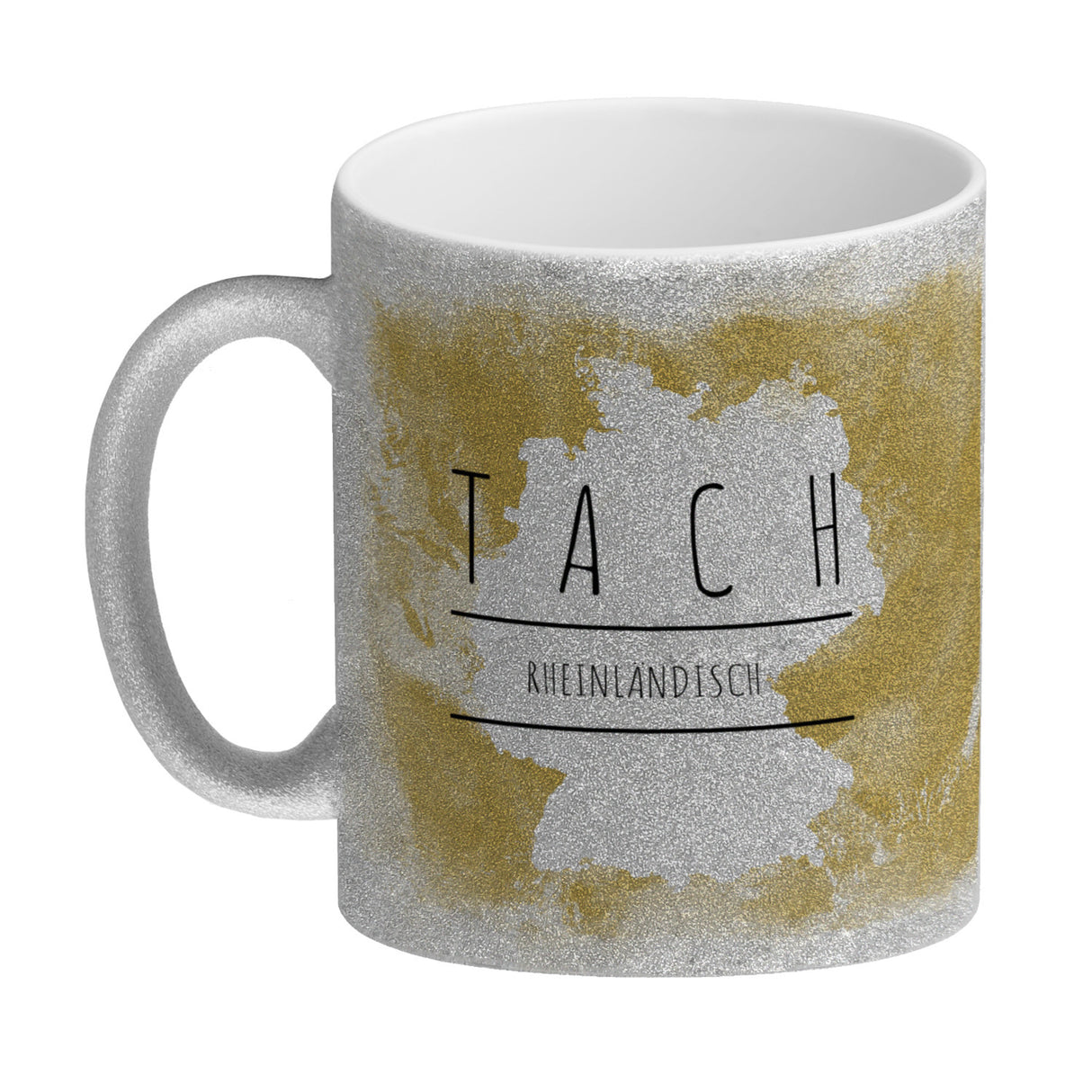 Hallo auf Rheinländisch Tach lustiger Kaffeebecher mit gelbem Hintergrund