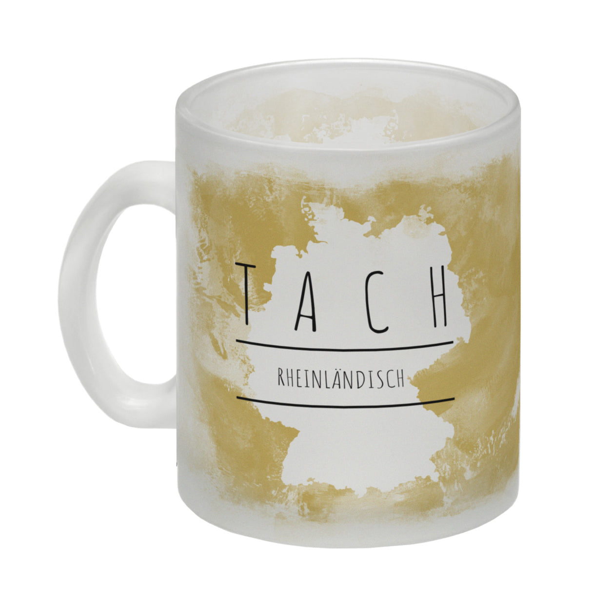 Hallo auf Rheinländisch Tach lustiger Kaffeebecher mit gelbem Hintergrund