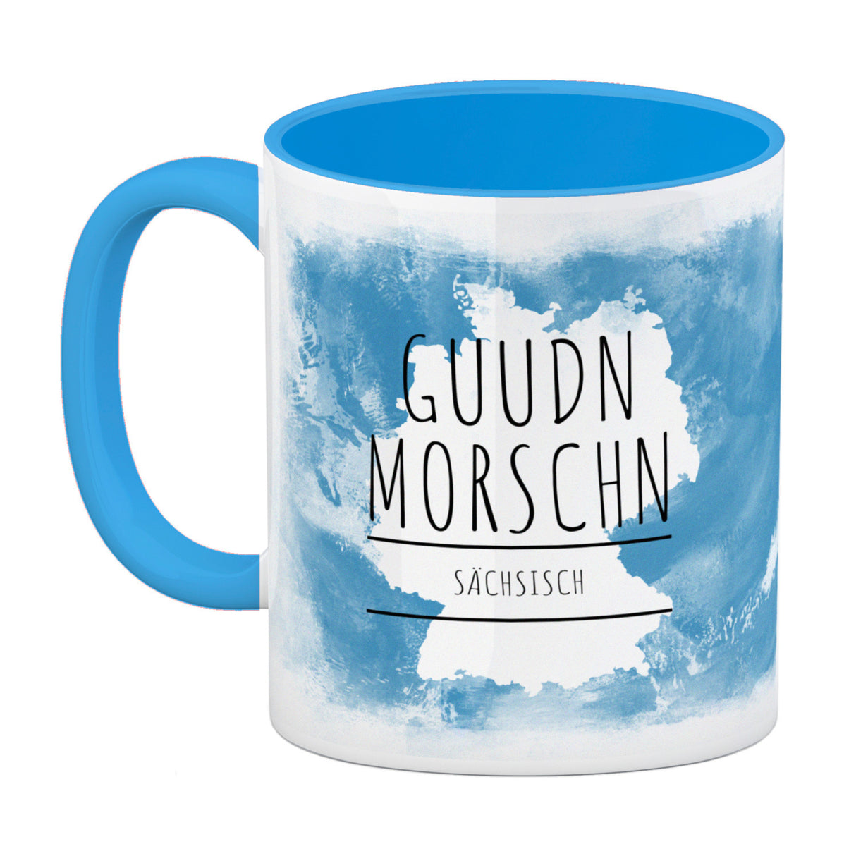 Hallo auf Sächsisch Guudn Morschen lustiger Kaffeebecher mit blauem Hintergrund