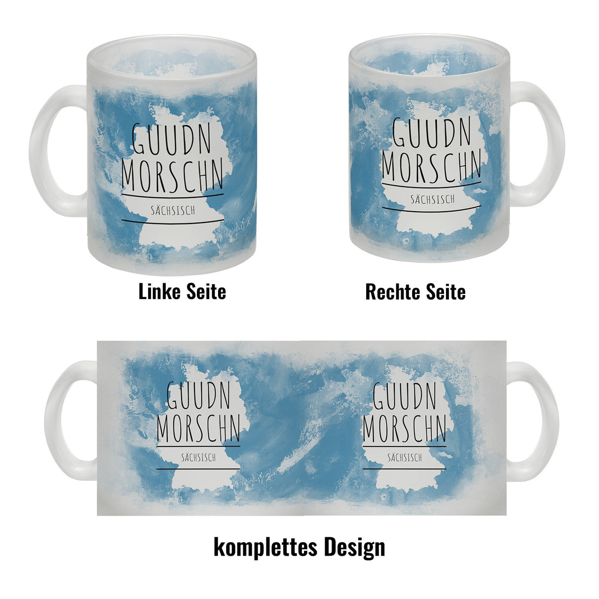 Hallo auf Sächsisch Guudn Morschen lustiger Kaffeebecher mit blauem Hintergrund
