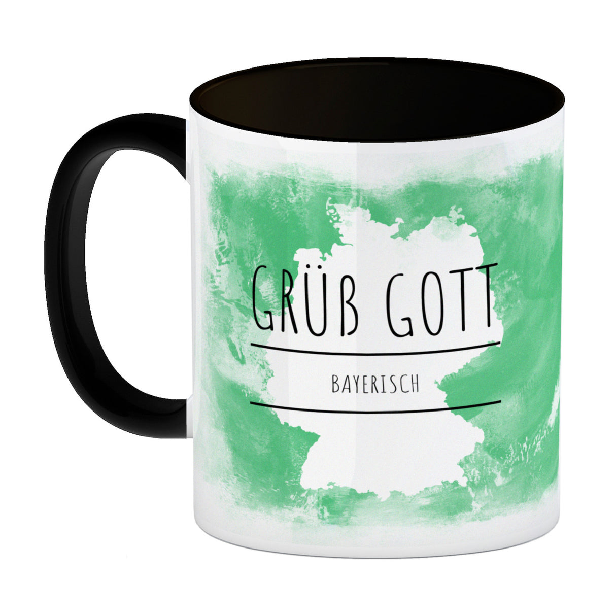 Hallo auf Bayerisch Grüß Gott lustiger Kaffeebecher mit grünem Hintergrund