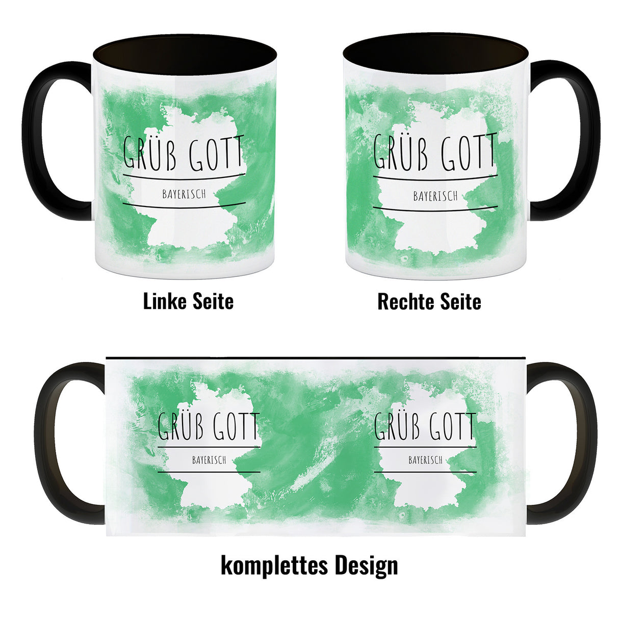 Hallo auf Bayerisch Grüß Gott lustiger Kaffeebecher mit grünem Hintergrund