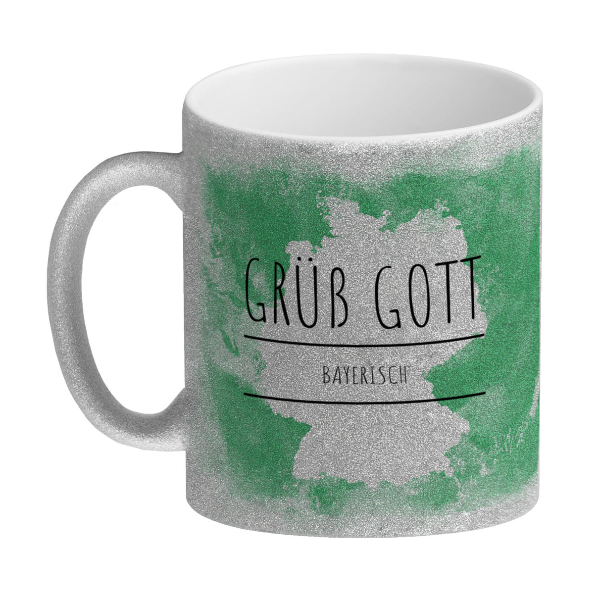 Hallo auf Bayerisch Grüß Gott lustiger Kaffeebecher mit grünem Hintergrund
