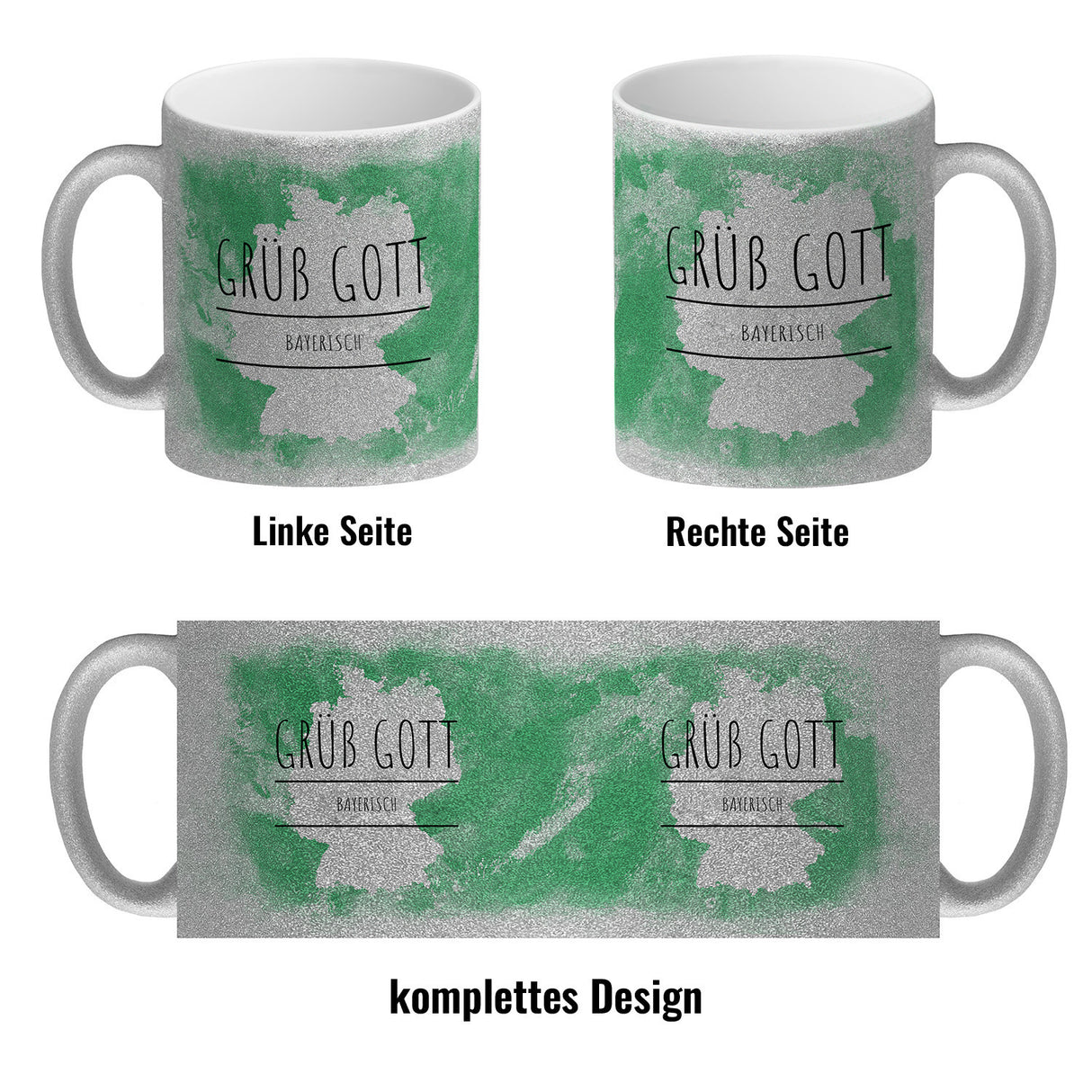 Hallo auf Bayerisch Grüß Gott lustiger Kaffeebecher mit grünem Hintergrund