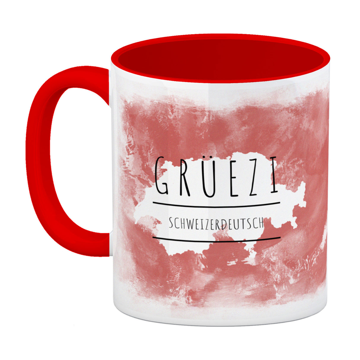 Hallo auf Schweizerdeutsch Grüezi lustiger Kaffeebecher mit rotem Hintergrund