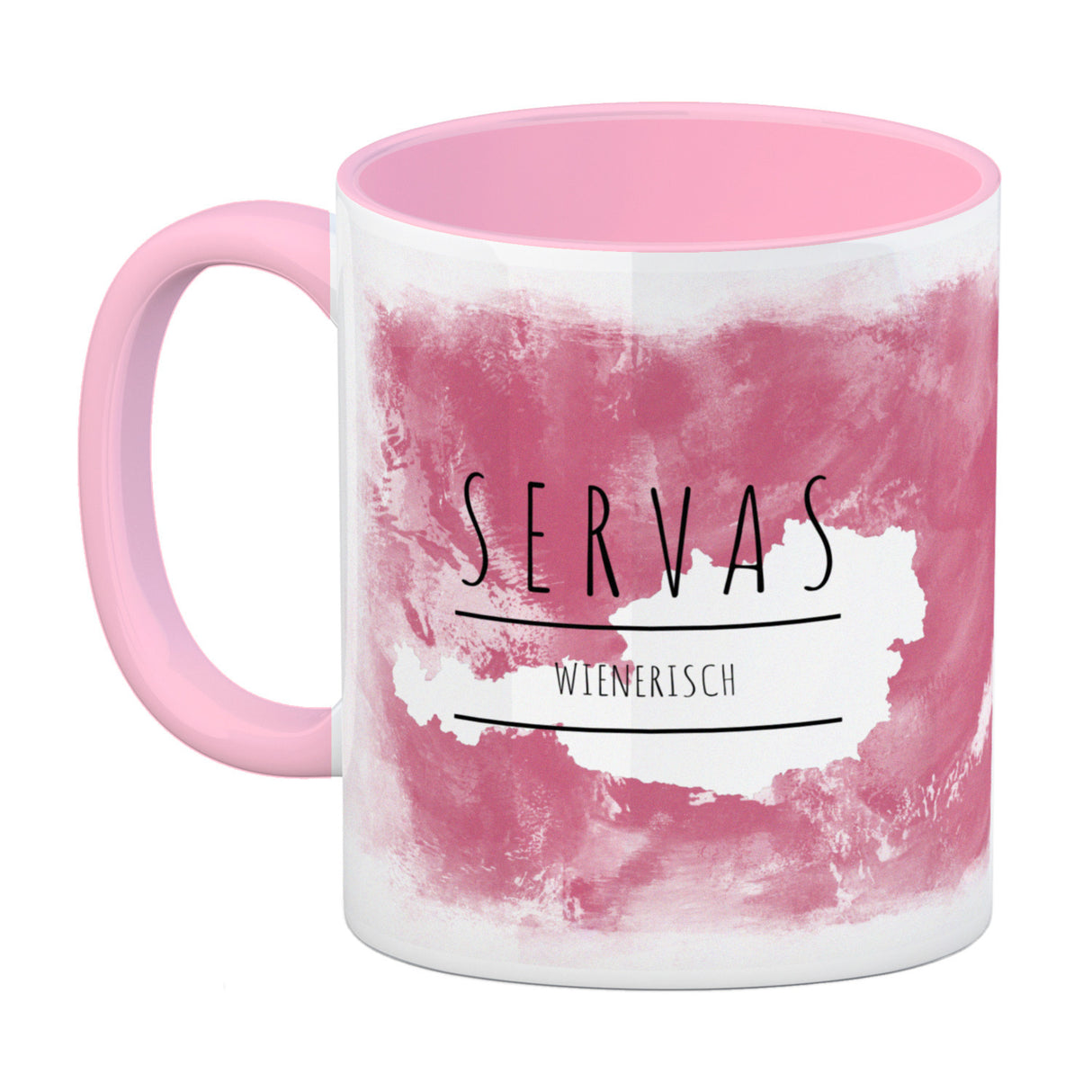 Hallo auf Wienerisch Servas lustiger Kaffeebecher mit rosaem Hintergrund