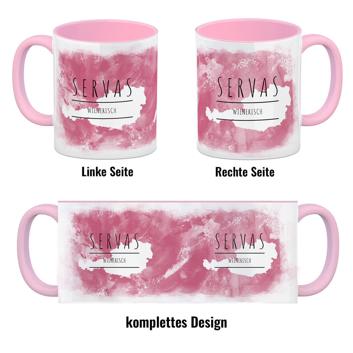 Hallo auf Wienerisch Servas lustiger Kaffeebecher mit rosaem Hintergrund
