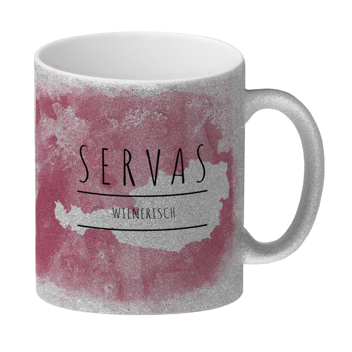 Hallo auf Wienerisch Servas lustiger Kaffeebecher mit rosaem Hintergrund