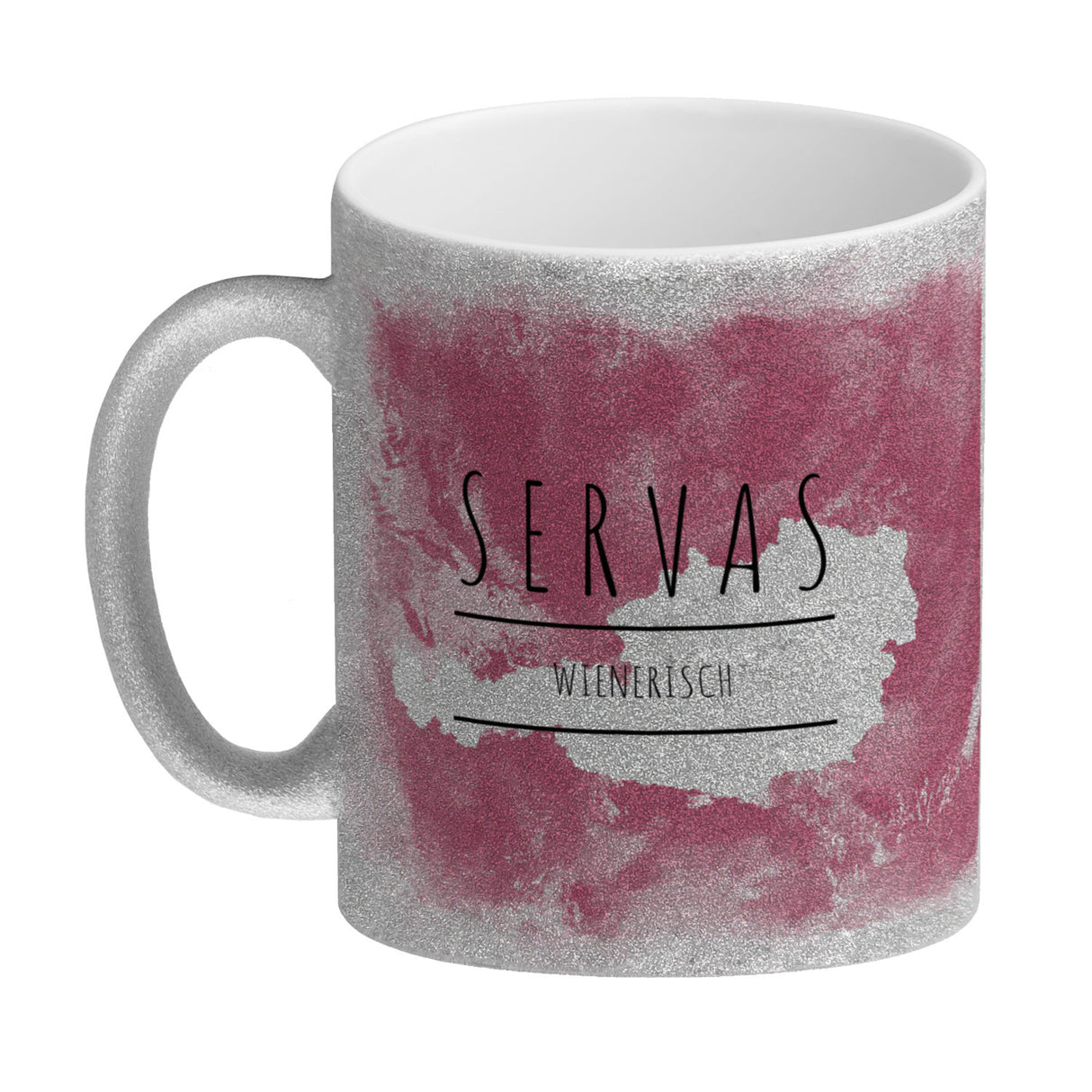 Hallo auf Wienerisch Servas lustiger Kaffeebecher mit rosaem Hintergrund