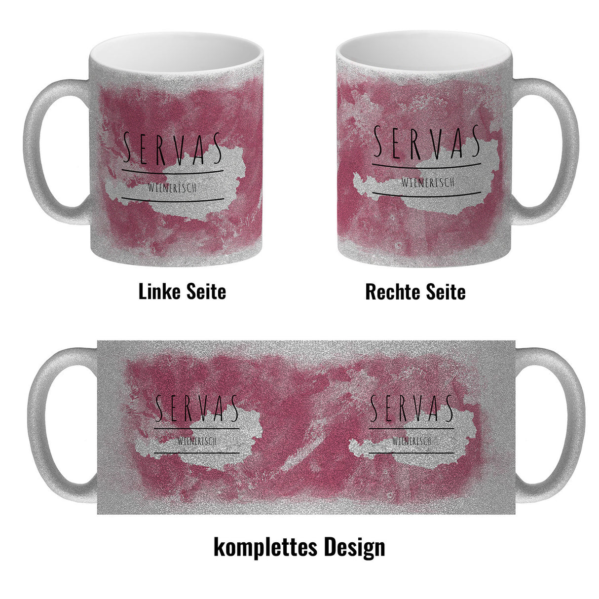 Hallo auf Wienerisch Servas lustiger Kaffeebecher mit rosaem Hintergrund