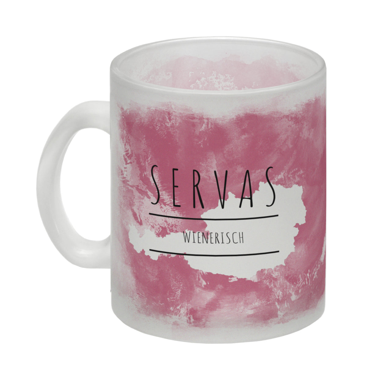 Hallo auf Wienerisch Servas lustiger Kaffeebecher mit rosaem Hintergrund