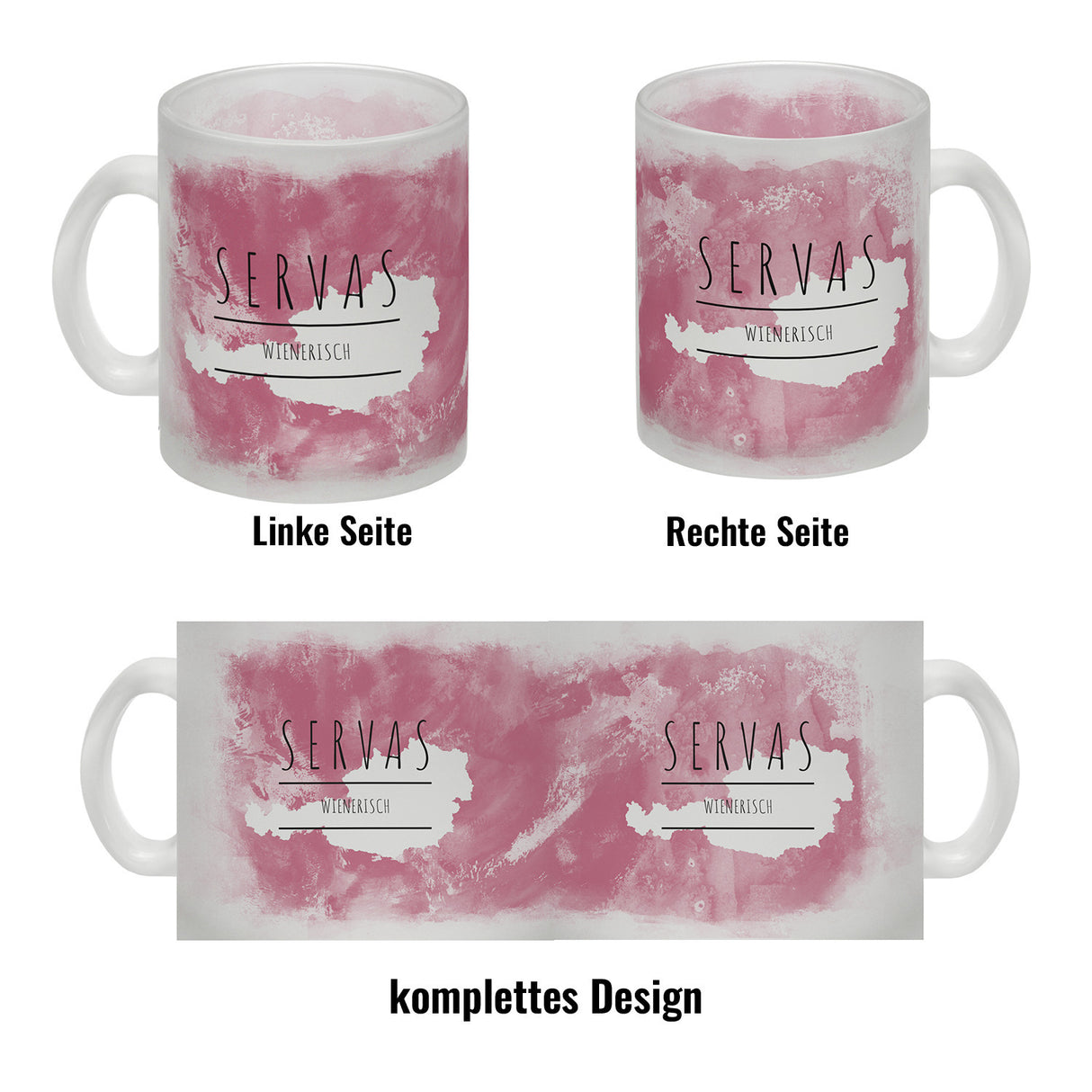 Hallo auf Wienerisch Servas lustiger Kaffeebecher mit rosaem Hintergrund