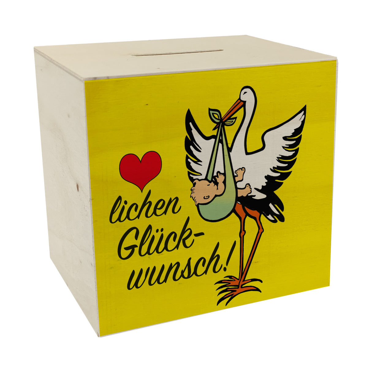 Storch und Kind Spardose zur Geburt mit niedlichem Motiv