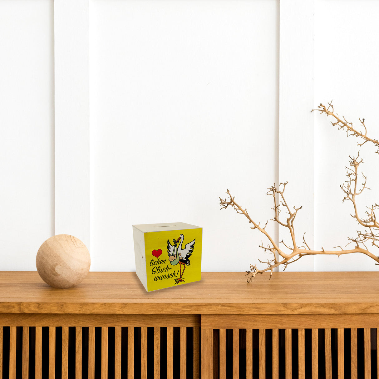 Storch und Kind Spardose zur Geburt mit niedlichem Motiv