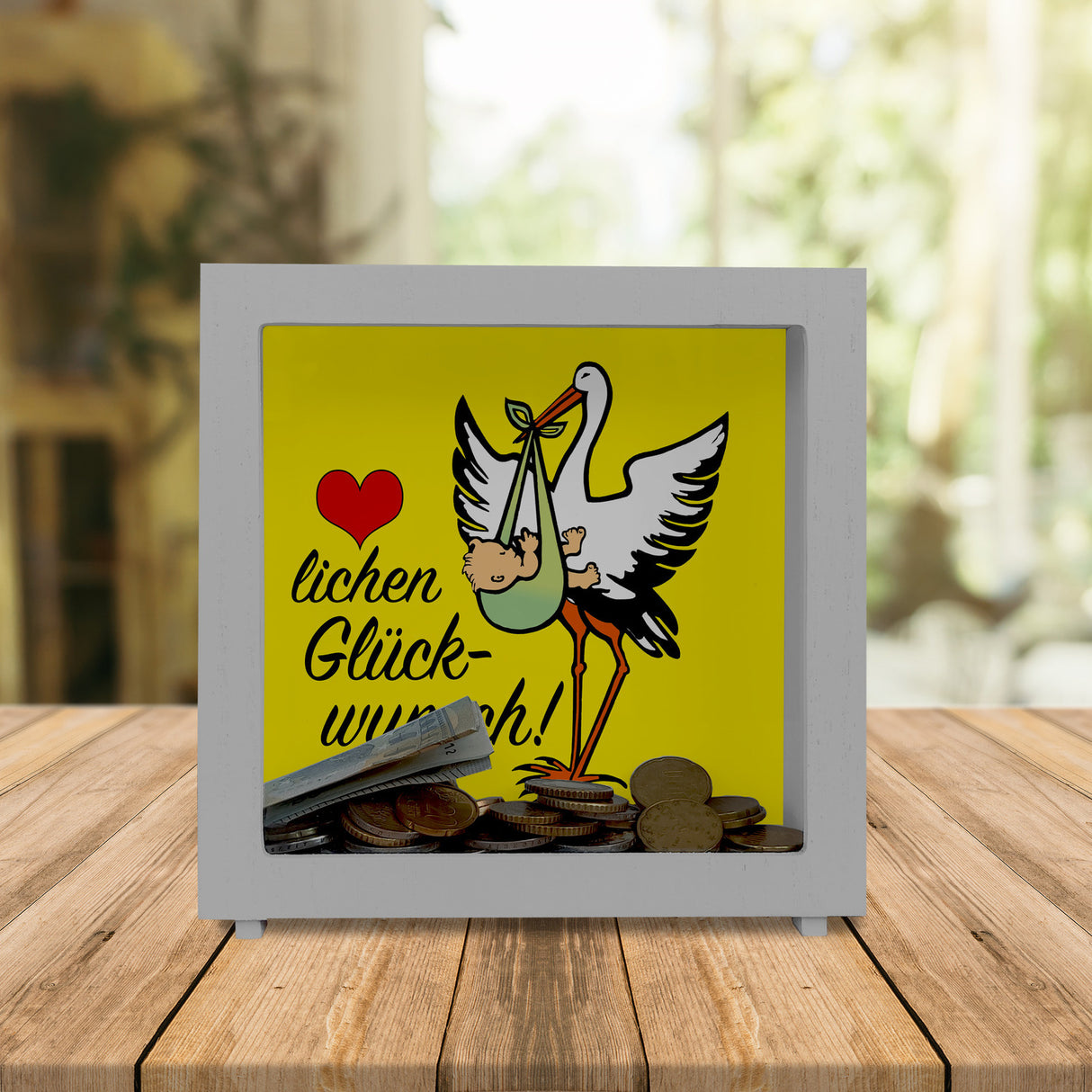 Storch und Kind Spardose zur Geburt mit niedlichem Motiv