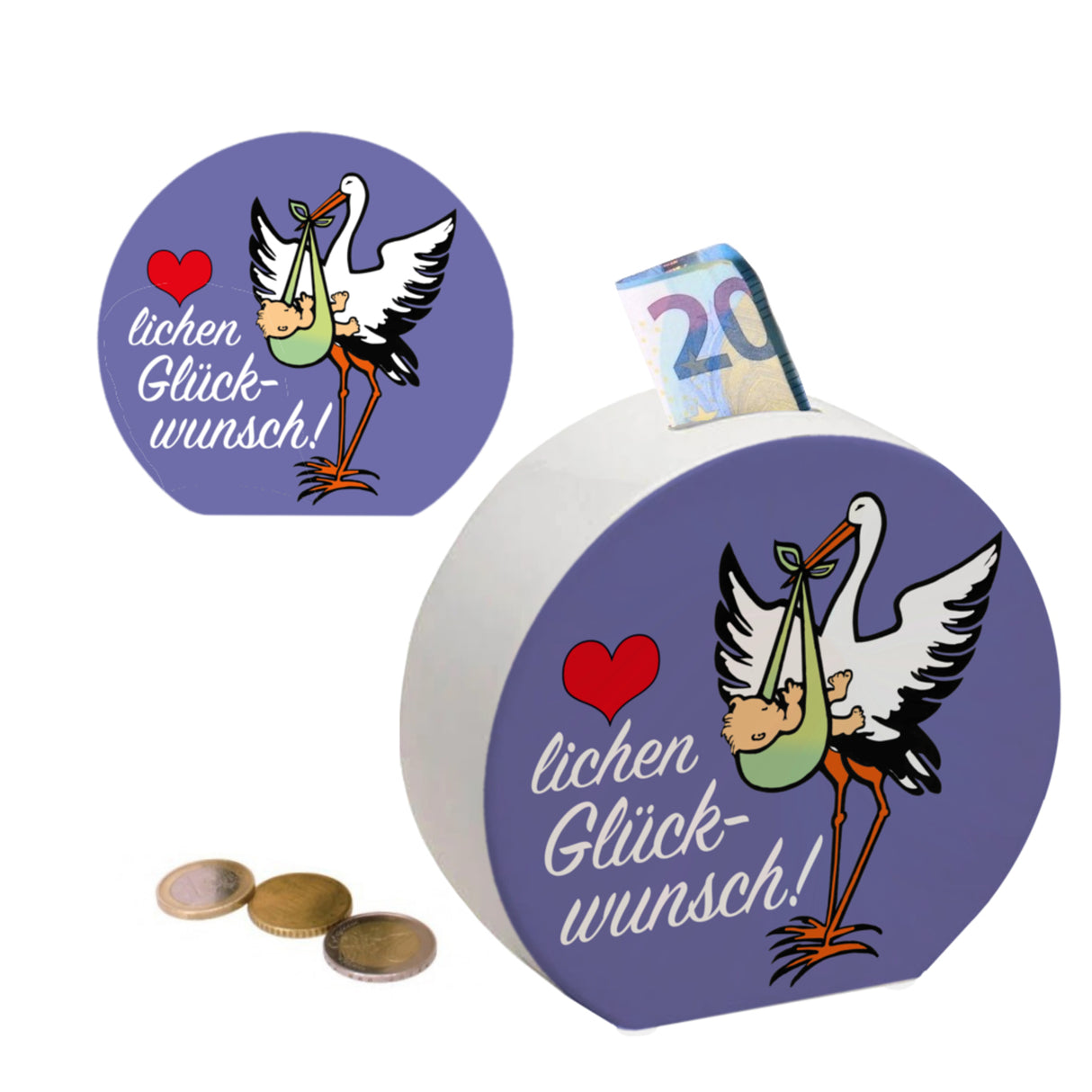 Storch und Kind Spardose zur Geburt mit niedlichem Motiv