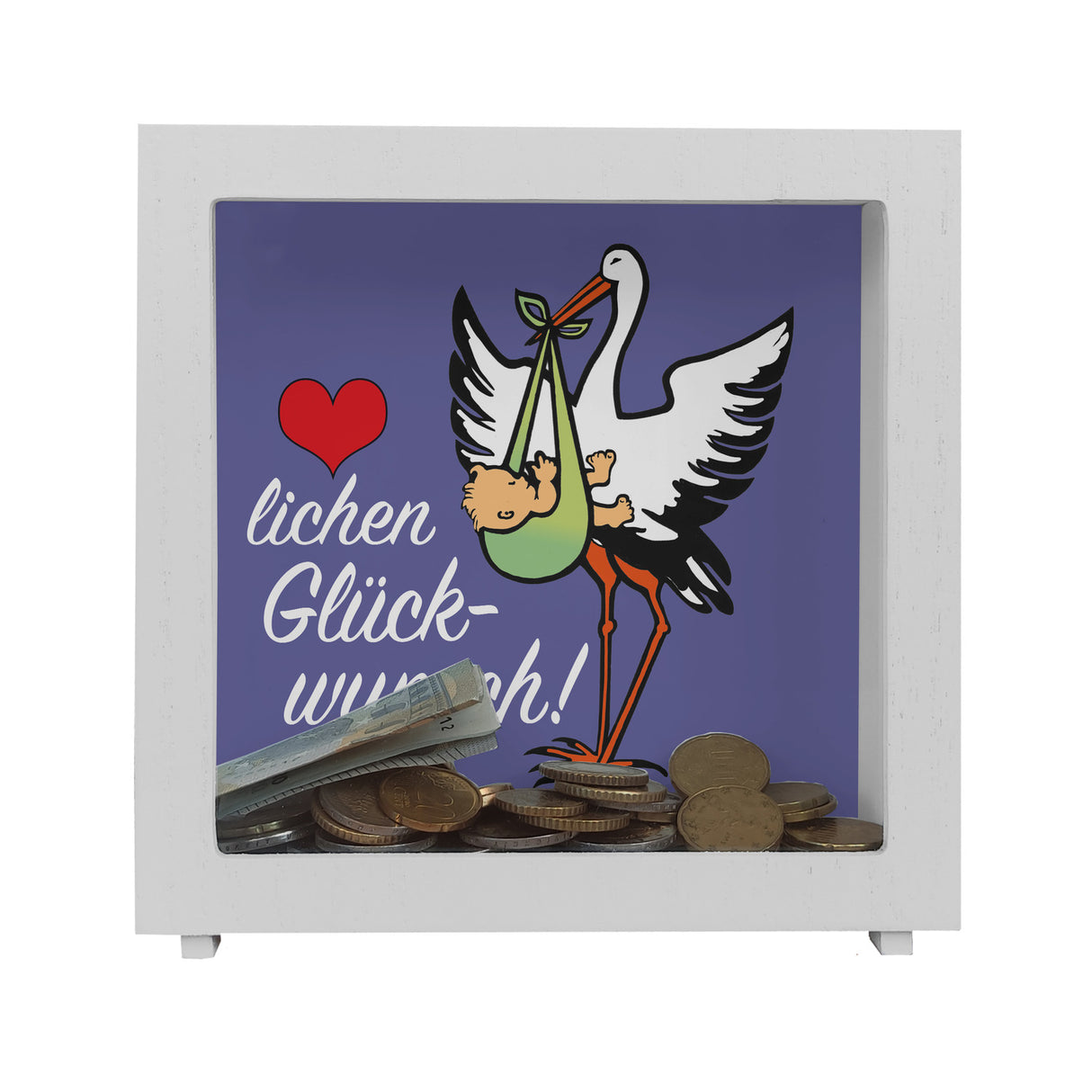 Storch und Kind Spardose zur Geburt mit niedlichem Motiv