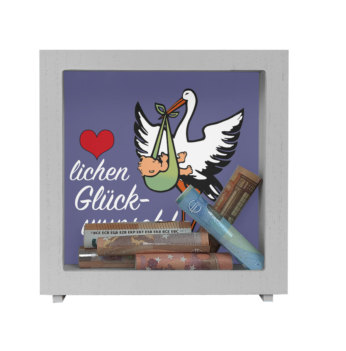Storch und Kind Spardose zur Geburt mit niedlichem Motiv