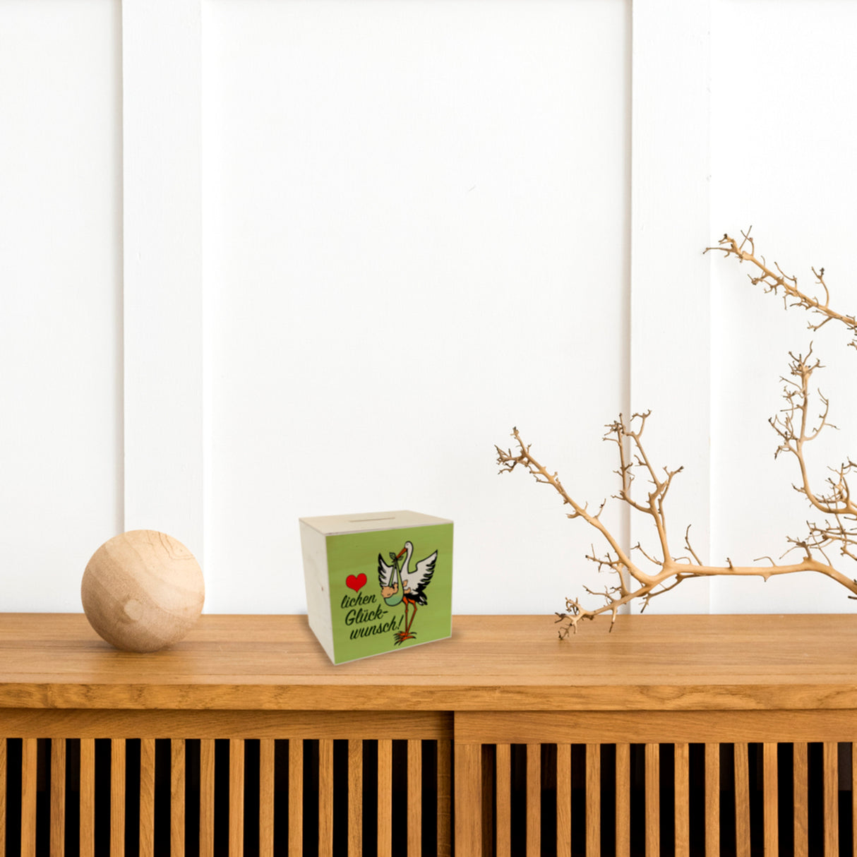 Storch und Kind Spardose zur Geburt mit niedlichem Motiv
