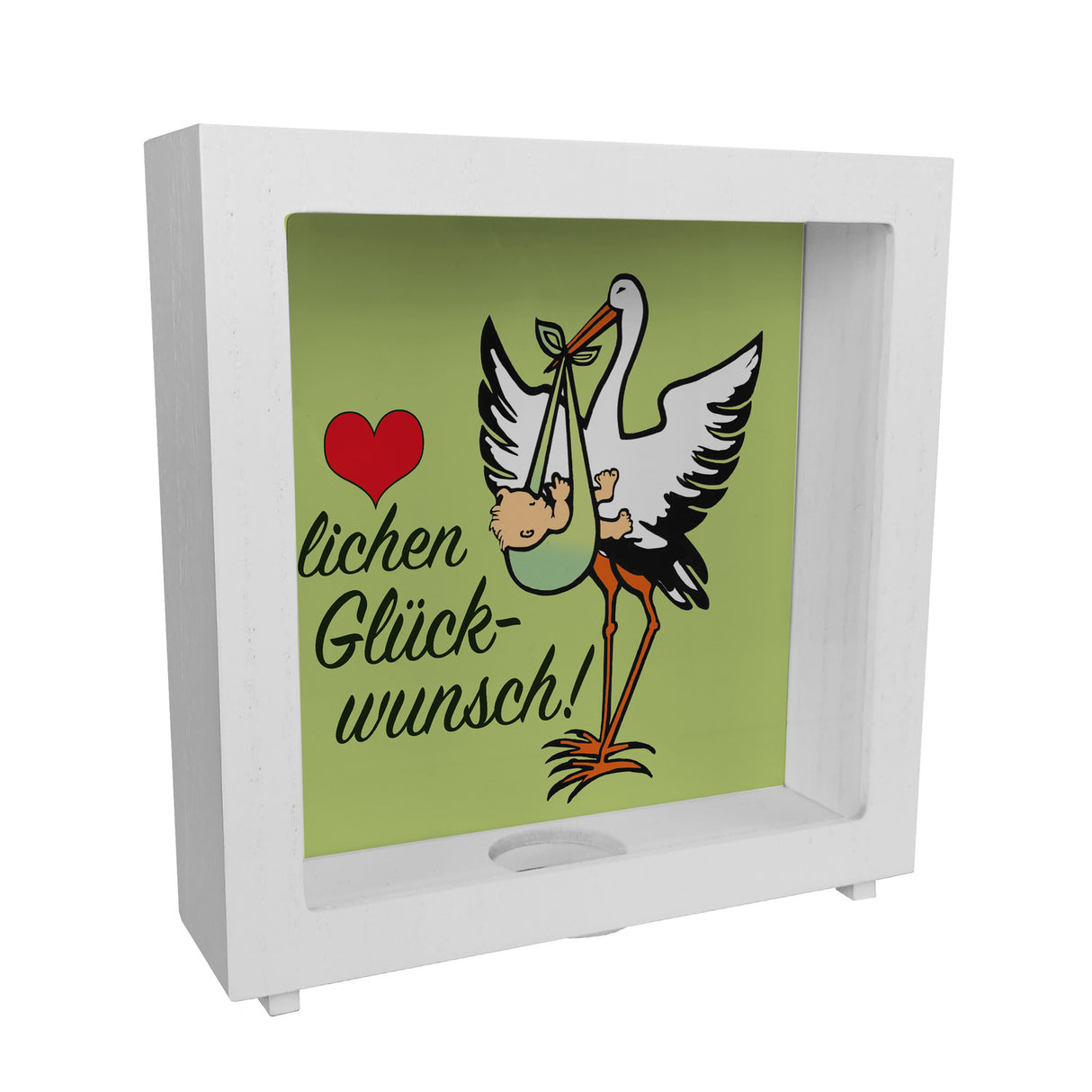 Storch und Kind Spardose zur Geburt mit niedlichem Motiv