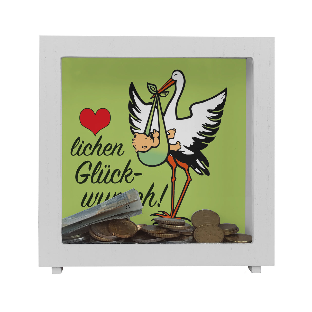 Storch und Kind Spardose zur Geburt mit niedlichem Motiv