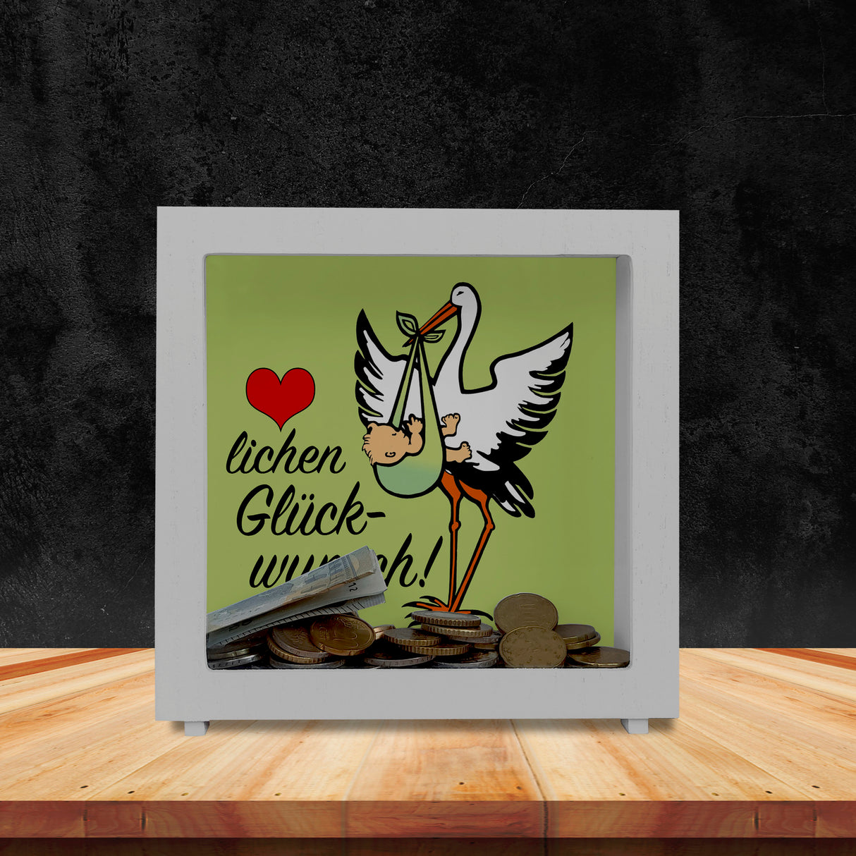 Storch und Kind Spardose zur Geburt mit niedlichem Motiv