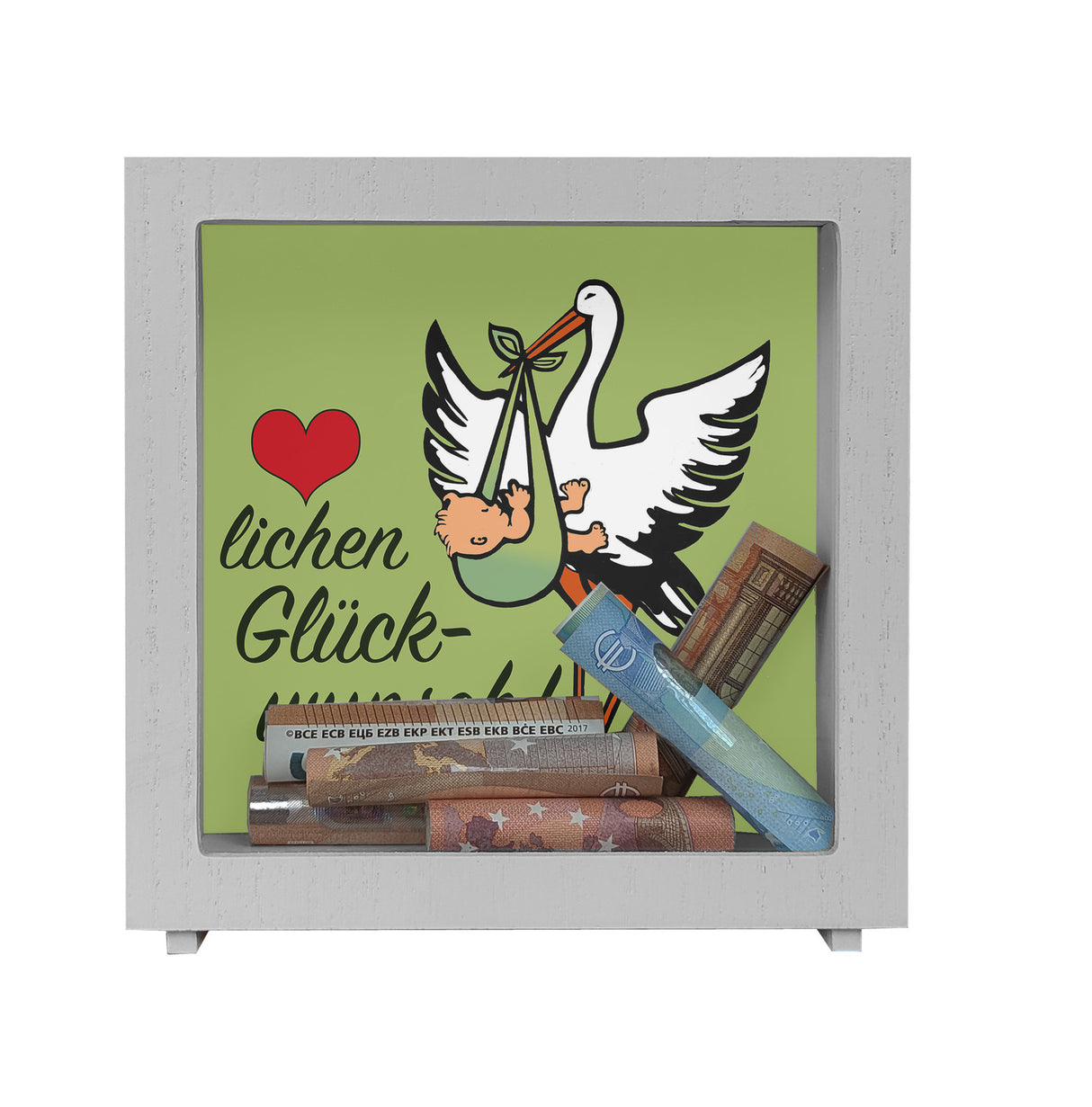 Storch und Kind Spardose zur Geburt mit niedlichem Motiv