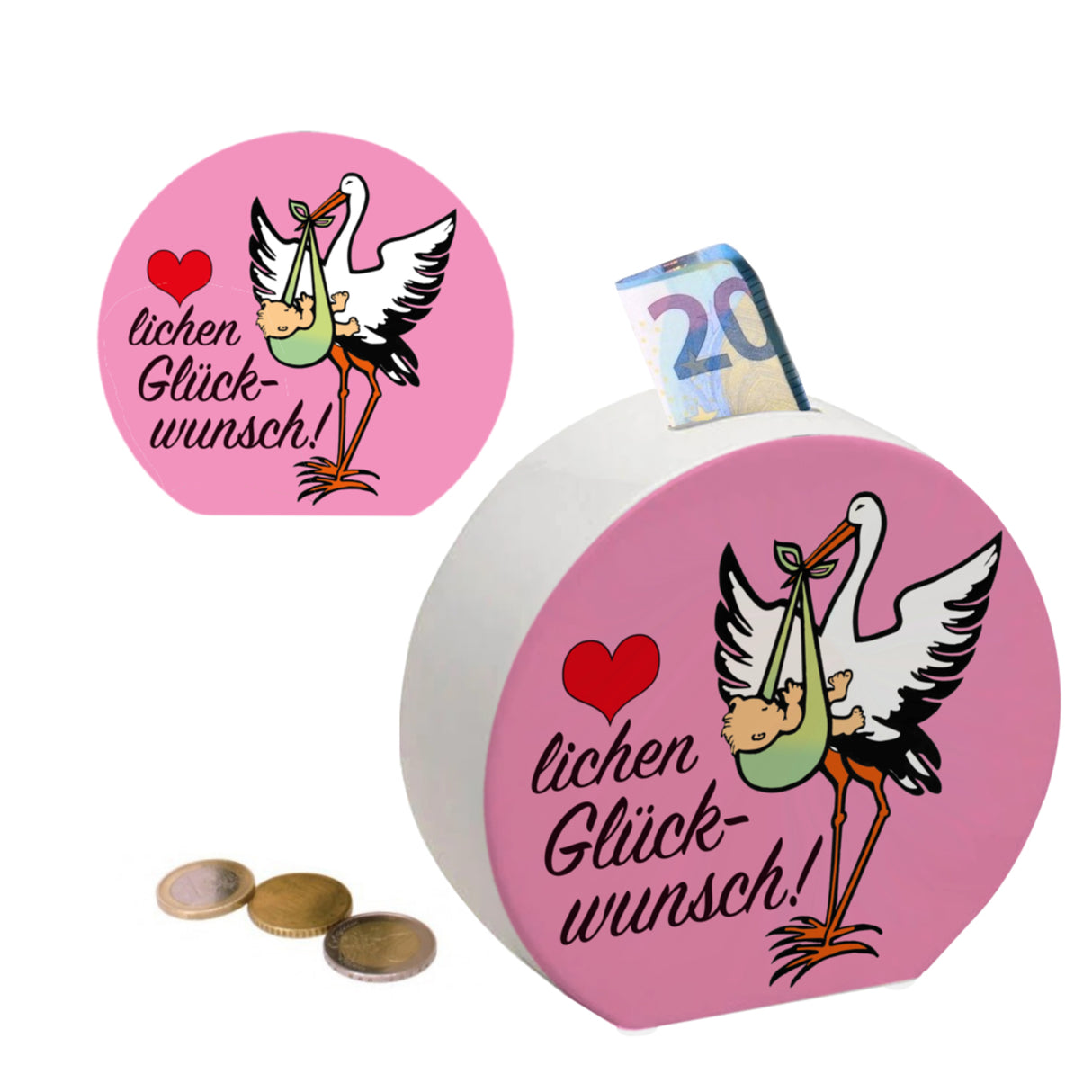 Storch und Kind Spardose zur Geburt mit niedlichem Motiv