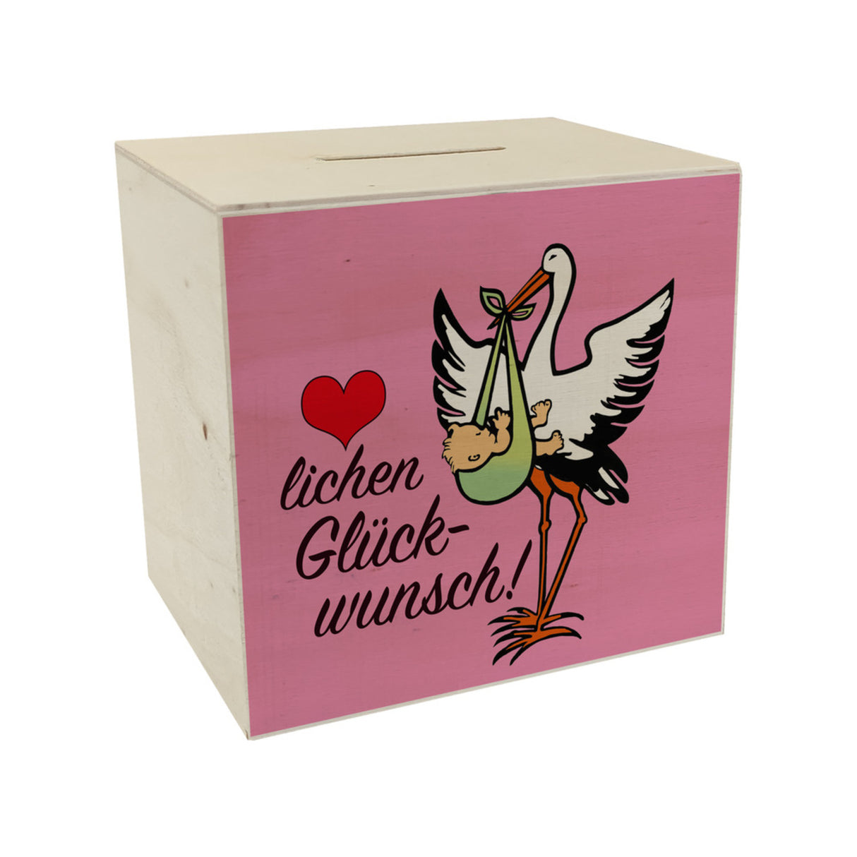 Storch und Kind Spardose zur Geburt mit niedlichem Motiv