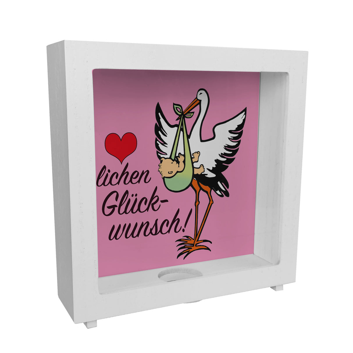Storch und Kind Spardose zur Geburt mit niedlichem Motiv