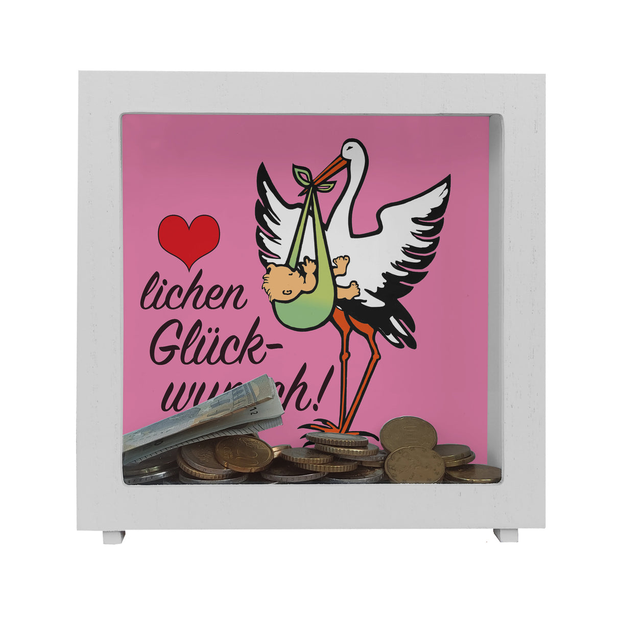 Storch und Kind Spardose zur Geburt mit niedlichem Motiv