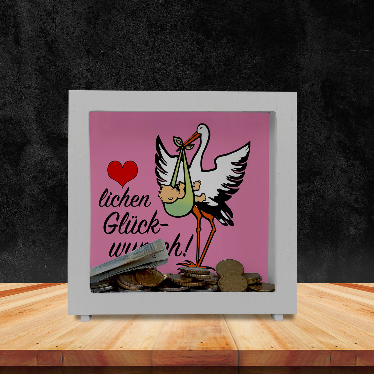 Storch und Kind Spardose zur Geburt mit niedlichem Motiv