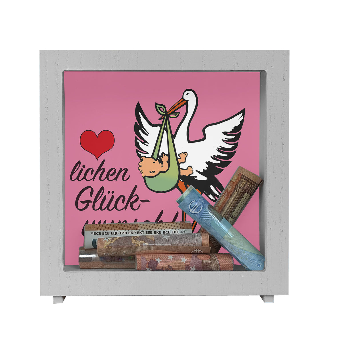 Storch und Kind Spardose zur Geburt mit niedlichem Motiv