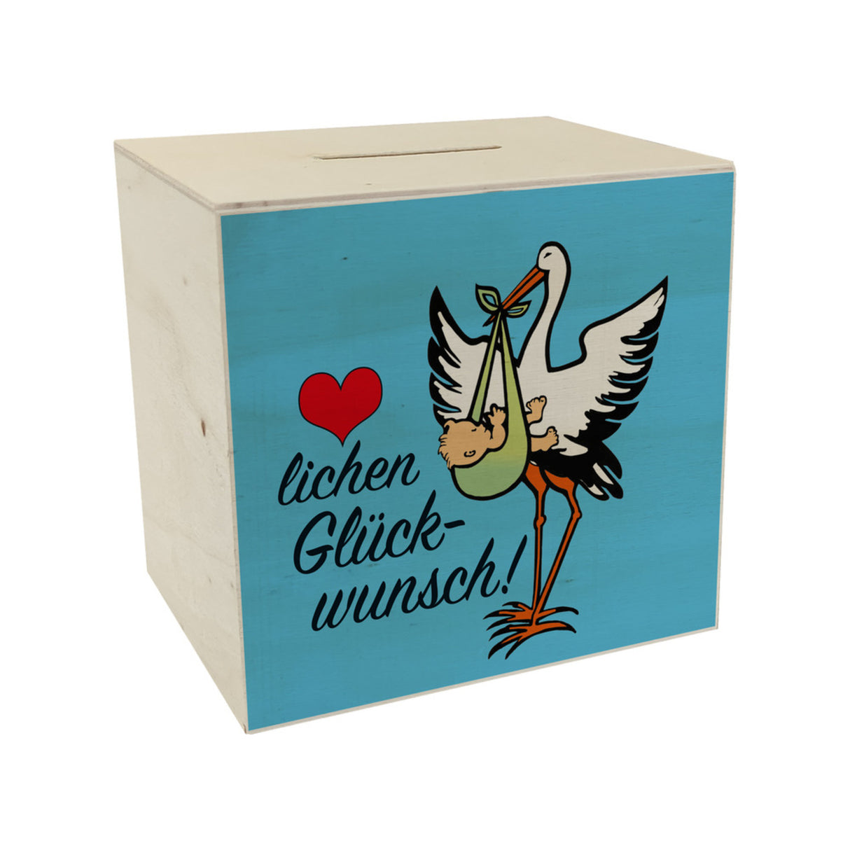Storch und Kind Spardose zur Geburt mit niedlichem Motiv