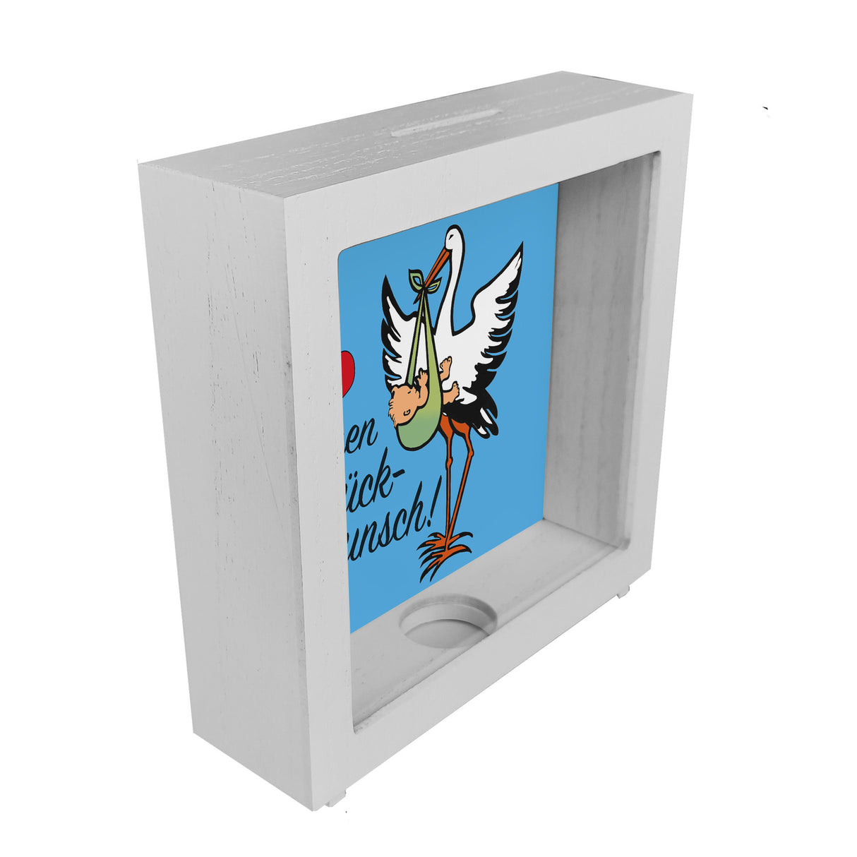Storch und Kind Spardose zur Geburt mit niedlichem Motiv