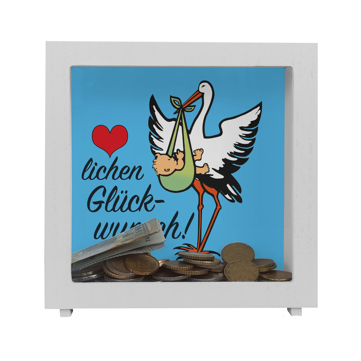 Storch und Kind Spardose zur Geburt mit niedlichem Motiv