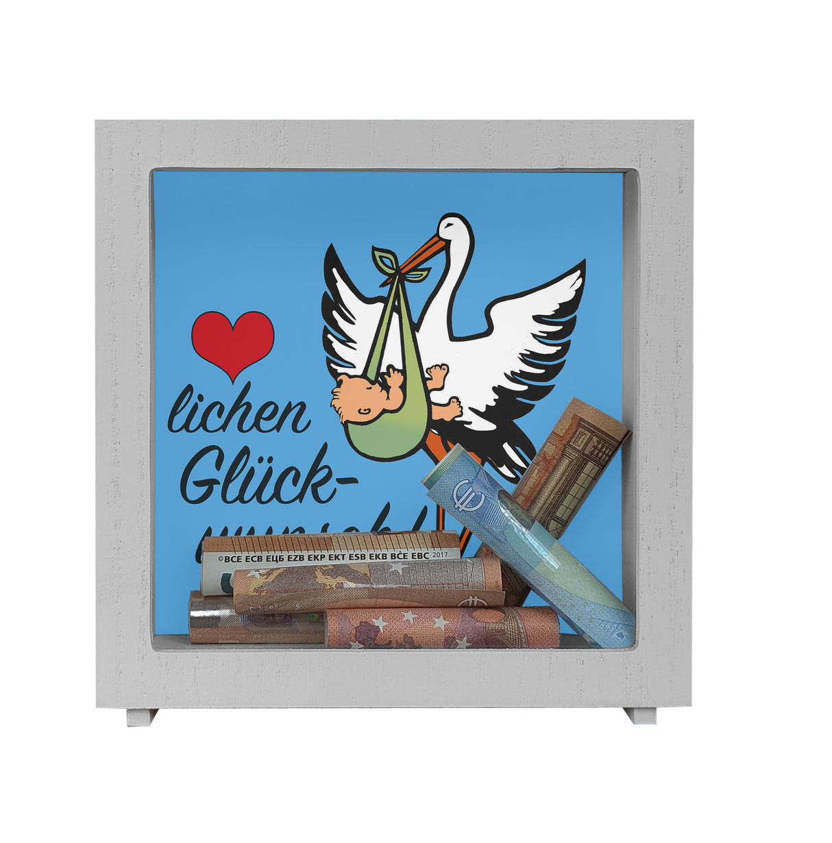 Storch und Kind Spardose zur Geburt mit niedlichem Motiv