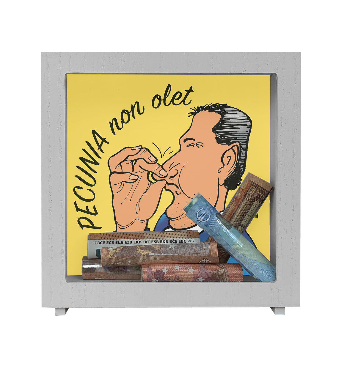 Pecunia non olet Spardose in Lila zum Thema Geld